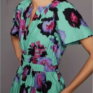 Anthropologie The Somerset smocked waist turquoise watercolor floral maxi dress